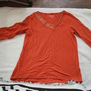 Soft Surroundings Floral Beaded Asymmetric V-Neck Tunic Orange Sz S Small Flaw